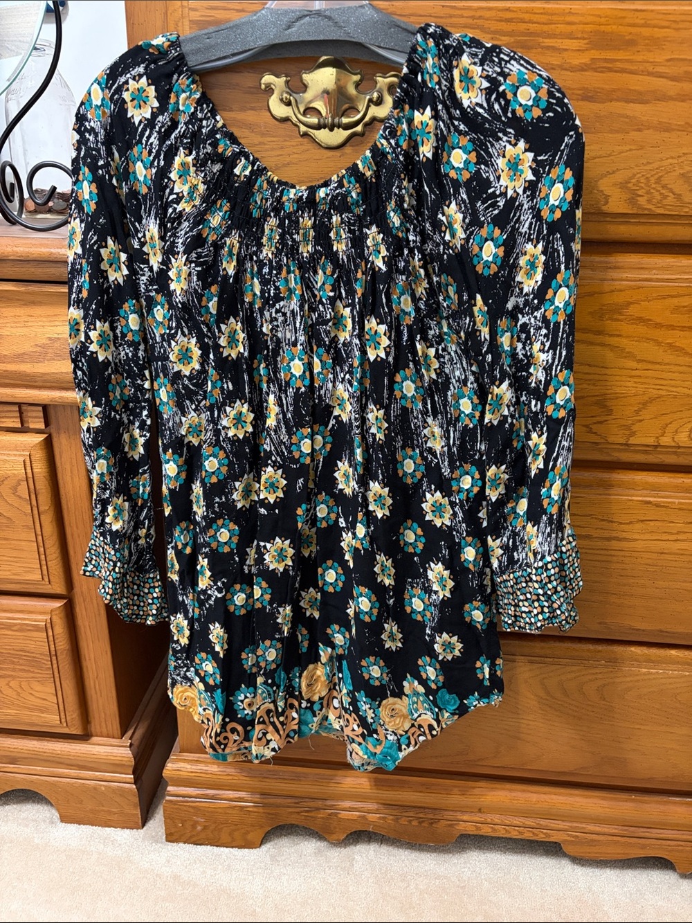 Kohl's Black Floral Smocked-Neck Tunic with Teal & Gold Accents